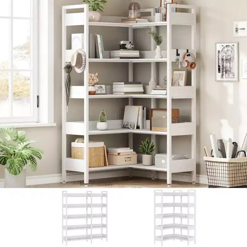 5-Tier Convertible Corner Bookshelf, L-Shaped Industrial Bookcase with Storage Display for Home, Office & Living Room
