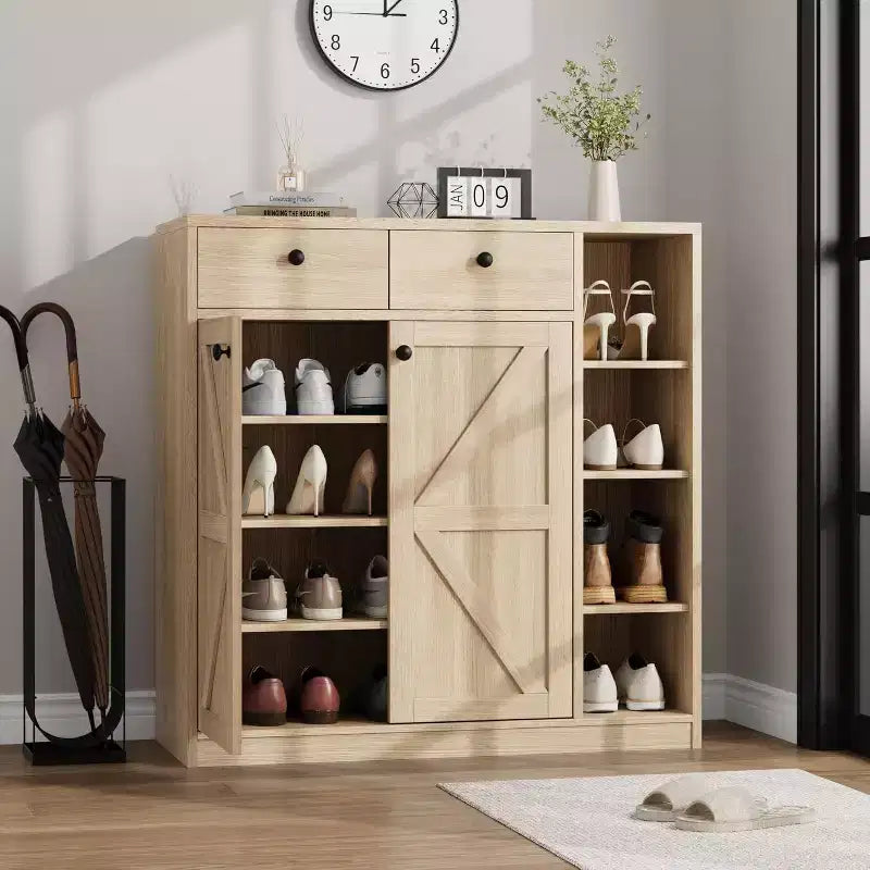 Acekool Shoe Storage Cabinet - Modern Organizer with Doors, Adjustable Shelves for Entryway, Holds 18-24 Pairs, Natural