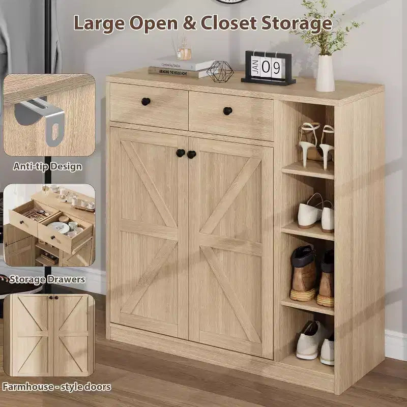 Acekool Shoe Storage Cabinet - Modern Organizer with Doors, Adjustable Shelves for Entryway, Holds 18-24 Pairs, Natural