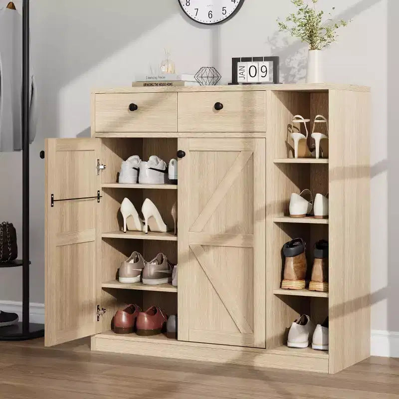 Acekool Shoe Storage Cabinet - Modern Organizer with Doors, Adjustable Shelves for Entryway, Holds 18-24 Pairs, Natural