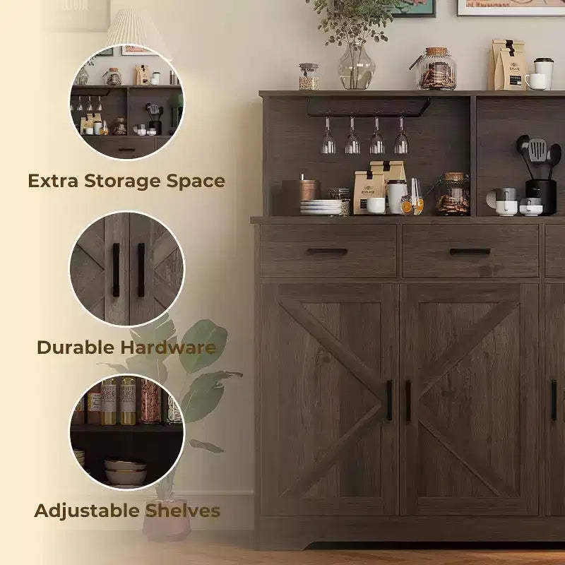 59 Farmhouse Sideboard Buffet Cabinet with Barn Doors, 3 Drawers & Shelves, Microwave Stand, Modern Storage for Kitchen or Dining Room