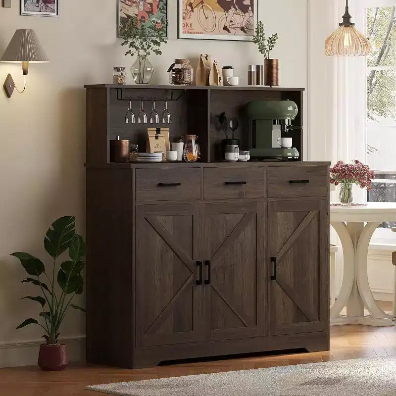 59 Farmhouse Sideboard Buffet Cabinet with Barn Doors, 3 Drawers & Shelves, Microwave Stand, Modern Storage for Kitchen or Dining Room