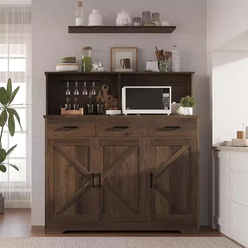 59 Farmhouse Sideboard Buffet Cabinet with Barn Doors, 3 Drawers & Shelves, Microwave Stand, Modern Storage for Kitchen or Dining Room