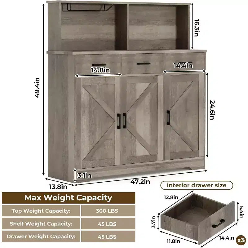 59 Farmhouse Sideboard Buffet Cabinet with Barn Doors, 3 Drawers & Shelves, Microwave Stand, Modern Storage for Kitchen or Dining Room