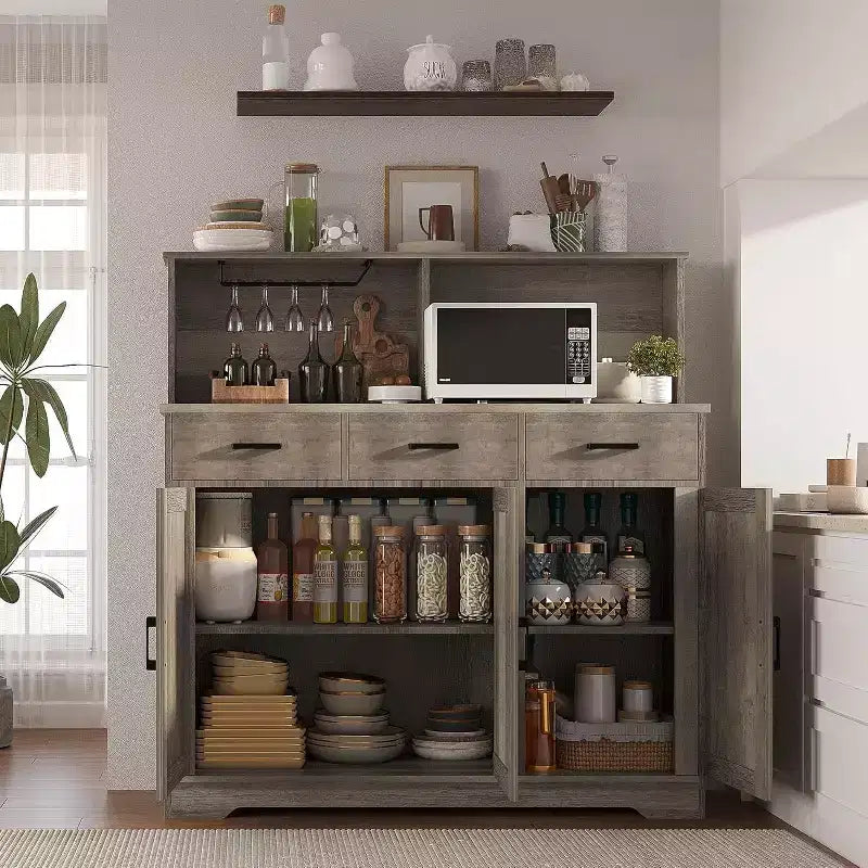 59 Farmhouse Sideboard Buffet Cabinet with Barn Doors, 3 Drawers & Shelves, Microwave Stand, Modern Storage for Kitchen or Dining Room