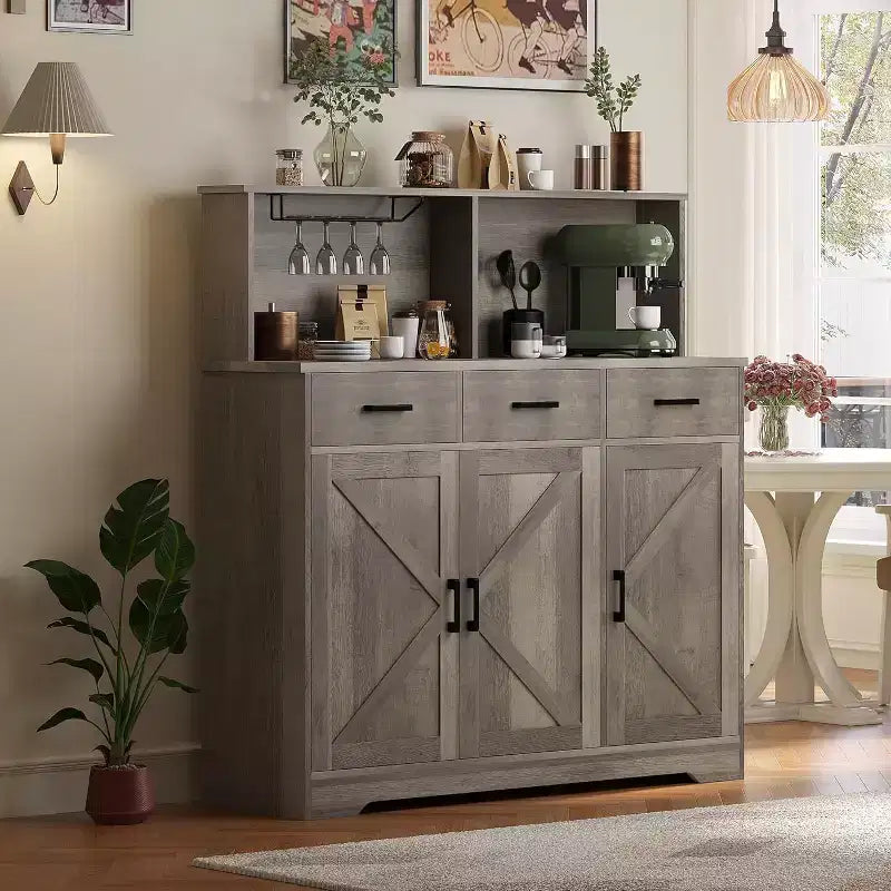 59 Farmhouse Sideboard Buffet Cabinet with Barn Doors, 3 Drawers & Shelves, Microwave Stand, Modern Storage for Kitchen or Dining Room