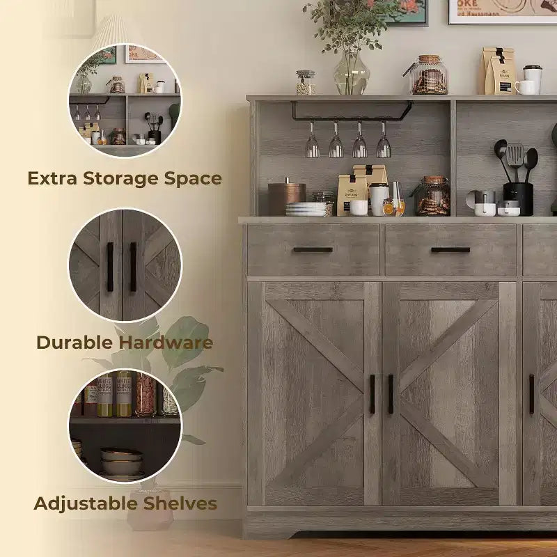 59 Farmhouse Sideboard Buffet Cabinet with Barn Doors, 3 Drawers & Shelves, Microwave Stand, Modern Storage for Kitchen or Dining Room