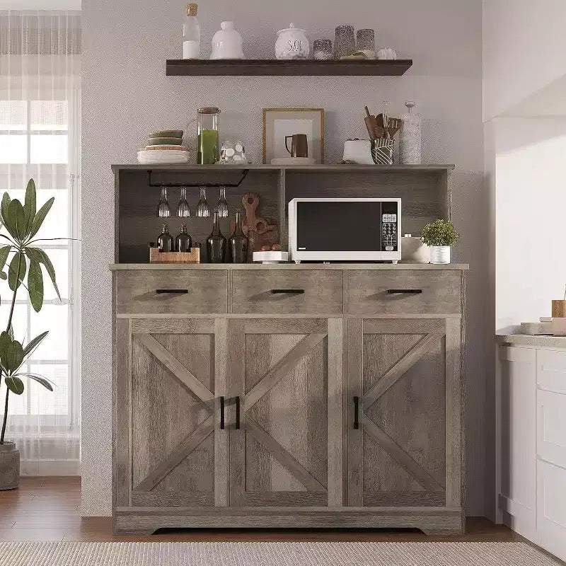 59 Farmhouse Sideboard Buffet Cabinet with Barn Doors, 3 Drawers & Shelves, Microwave Stand, Modern Storage for Kitchen or Dining Room