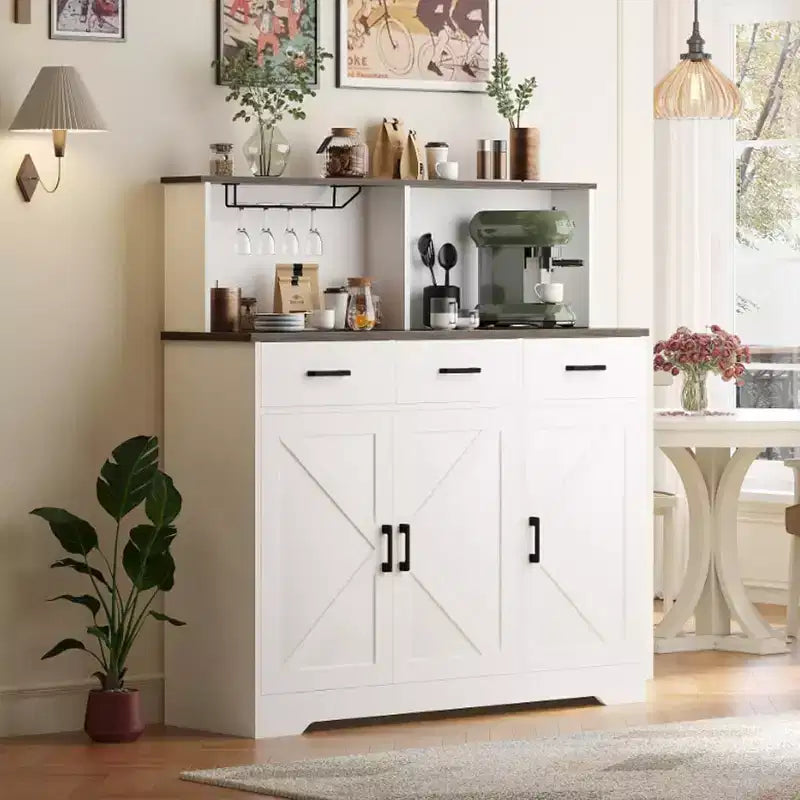 59 Farmhouse Sideboard Buffet Cabinet with Barn Doors, 3 Drawers & Shelves, Microwave Stand, Modern Storage for Kitchen or Dining Room