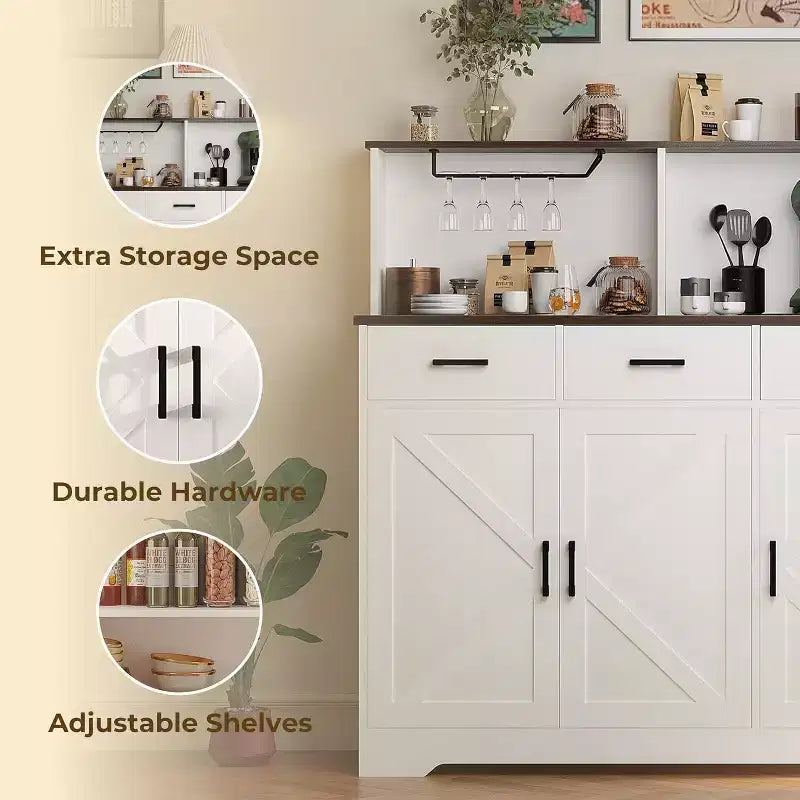 59 Farmhouse Sideboard Buffet Cabinet with Barn Doors, 3 Drawers & Shelves, Microwave Stand, Modern Storage for Kitchen or Dining Room