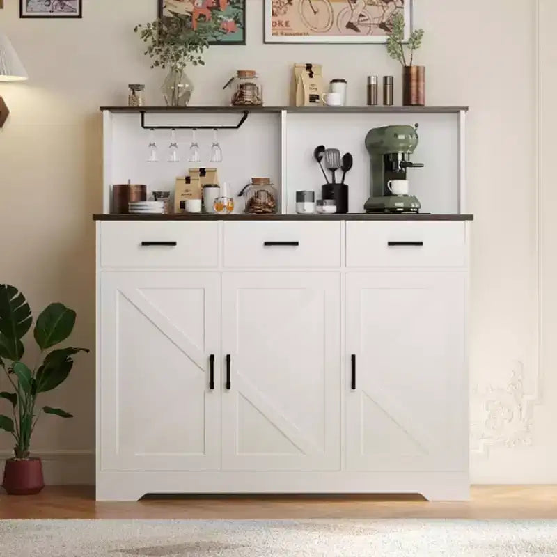 59 Farmhouse Sideboard Buffet Cabinet with Barn Doors, 3 Drawers & Shelves, Microwave Stand, Modern Storage for Kitchen or Dining Room