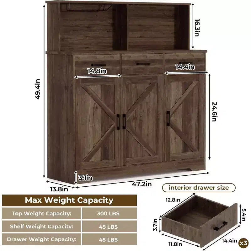 59 Farmhouse Sideboard Buffet Cabinet with Barn Doors, 3 Drawers & Shelves, Microwave Stand, Modern Storage for Kitchen or Dining Room
