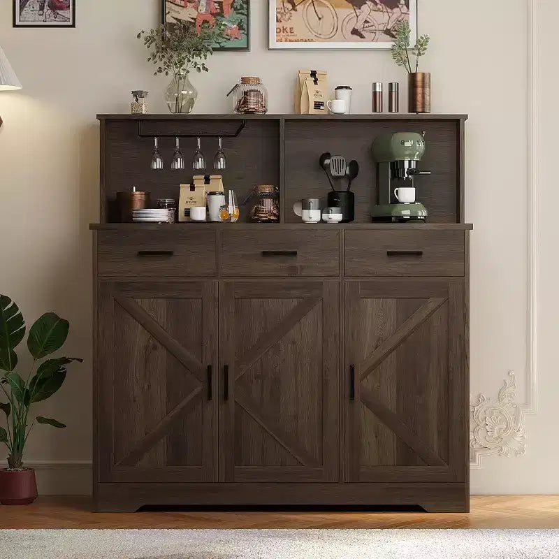 59 Farmhouse Sideboard Buffet Cabinet with Barn Doors, 3 Drawers & Shelves, Microwave Stand, Modern Storage for Kitchen or Dining Room
