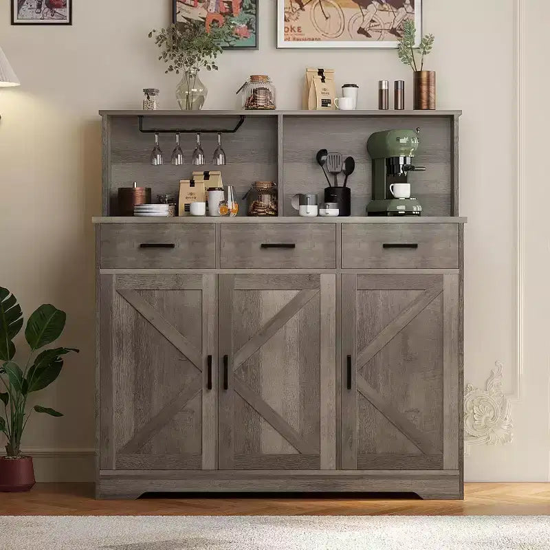 59 Farmhouse Sideboard Buffet Cabinet with Barn Doors, 3 Drawers & Shelves, Microwave Stand, Modern Storage for Kitchen or Dining Room