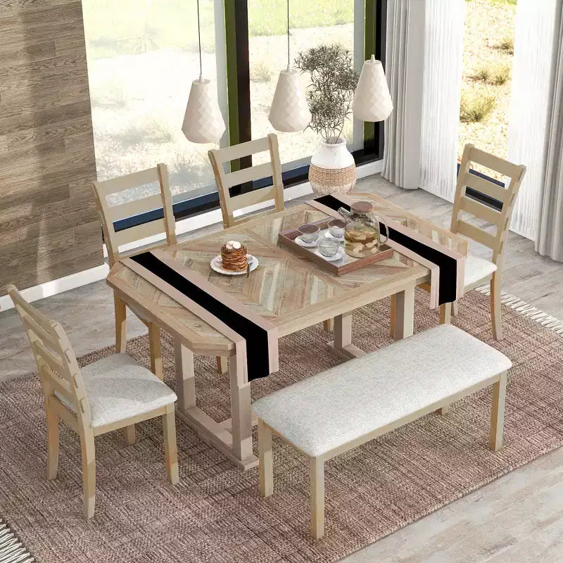 Dining Table Set for 6 with Wood Grain Pattern Tabletop, Kitchen Table Set with Chairs & Bench