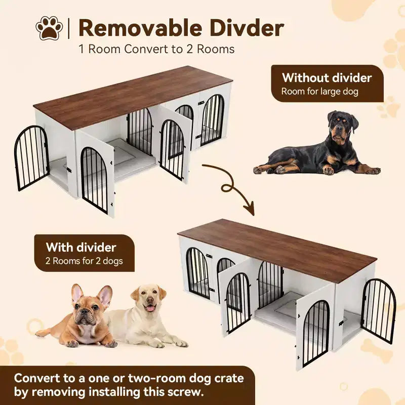 71 Dog Crate Furniture - Dual Kennel with Divider, Wooden Dog House & TV Stand for Large Dogs
