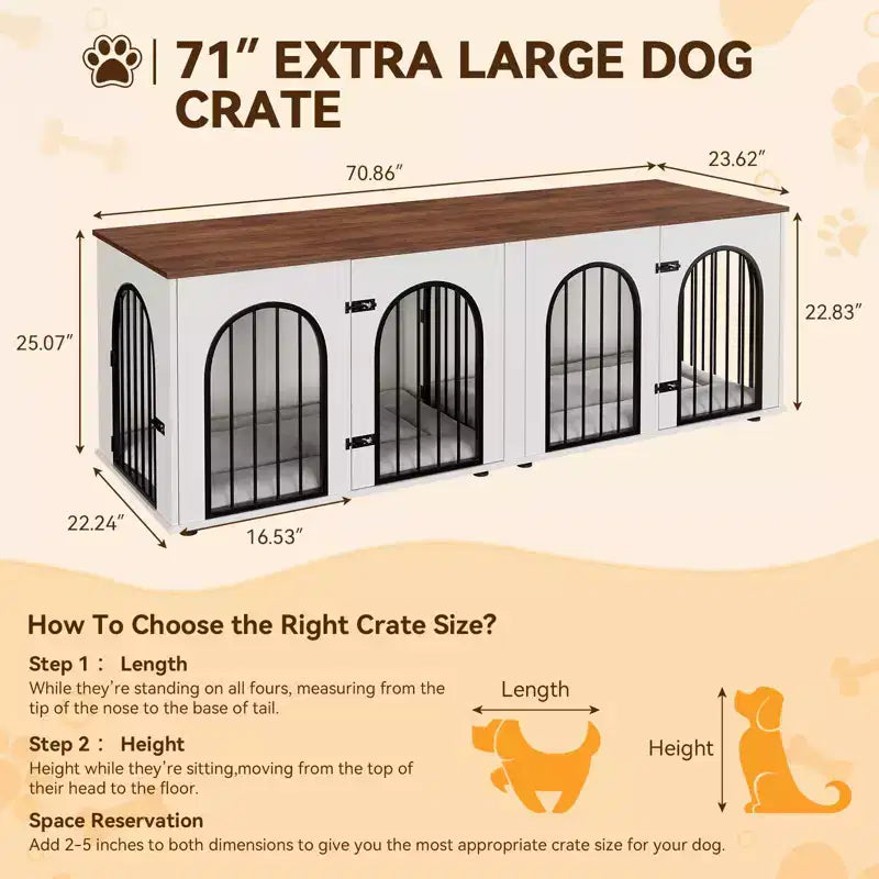 71 Dog Crate Furniture - Dual Kennel with Divider, Wooden Dog House & TV Stand for Large Dogs