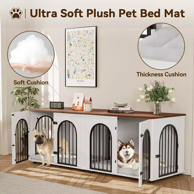 71 Dog Crate Furniture - Dual Kennel with Divider, Wooden Dog House & TV Stand for Large Dogs