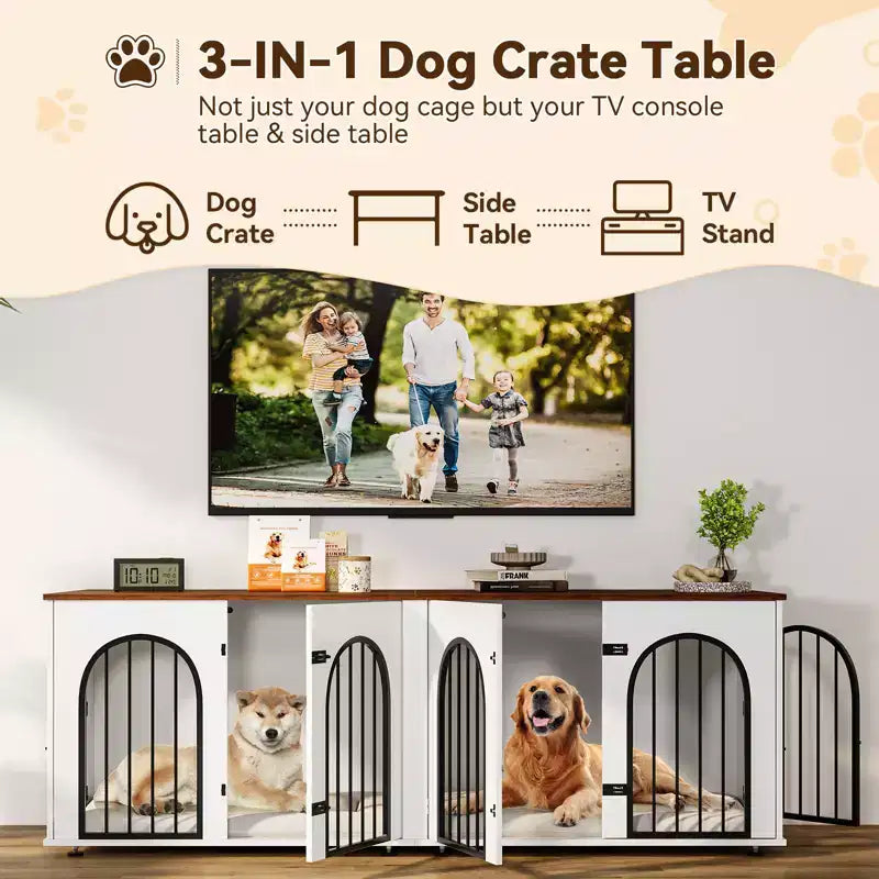 71 Dog Crate Furniture - Dual Kennel with Divider, Wooden Dog House & TV Stand for Large Dogs