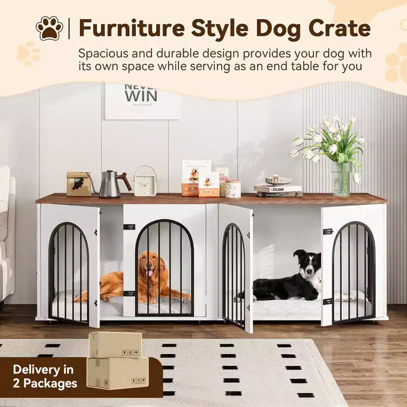 71 Dog Crate Furniture - Dual Kennel with Divider, Wooden Dog House & TV Stand for Large Dogs