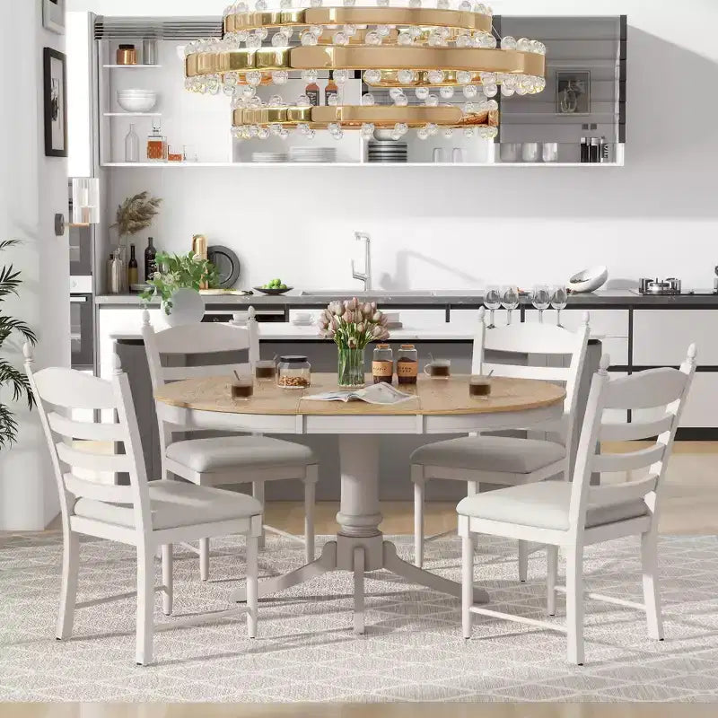Extendable Round Kitchen Dining Table Set for 4, Farmhouse Dining Set and 4 Upholstered Chairs