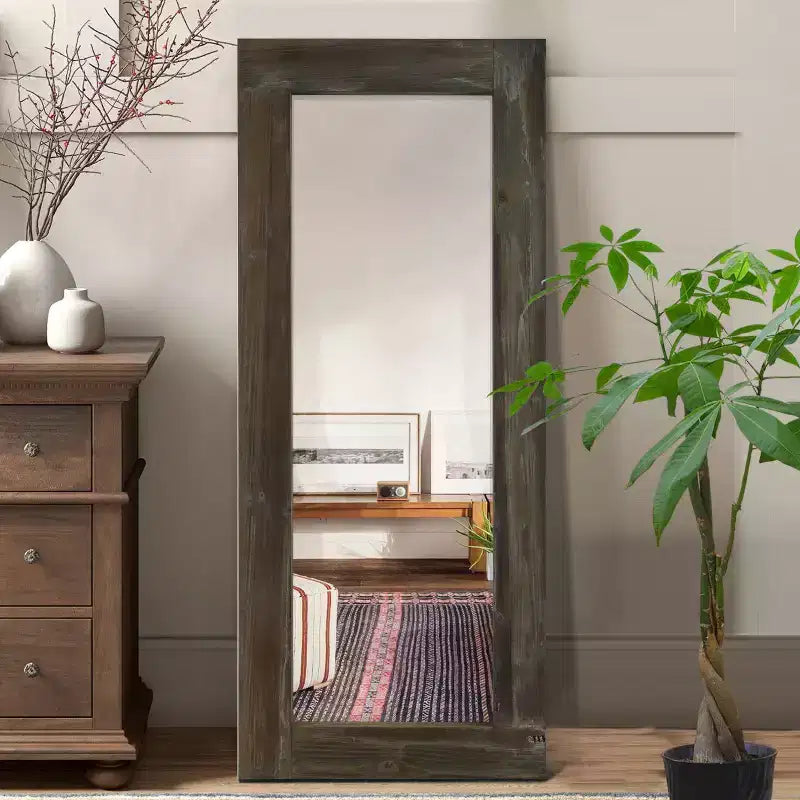 58x24 inch Solid Wood Wide Edged Hollow Right Angled Rectangular Brown Full-length Mirror (without Bracket)