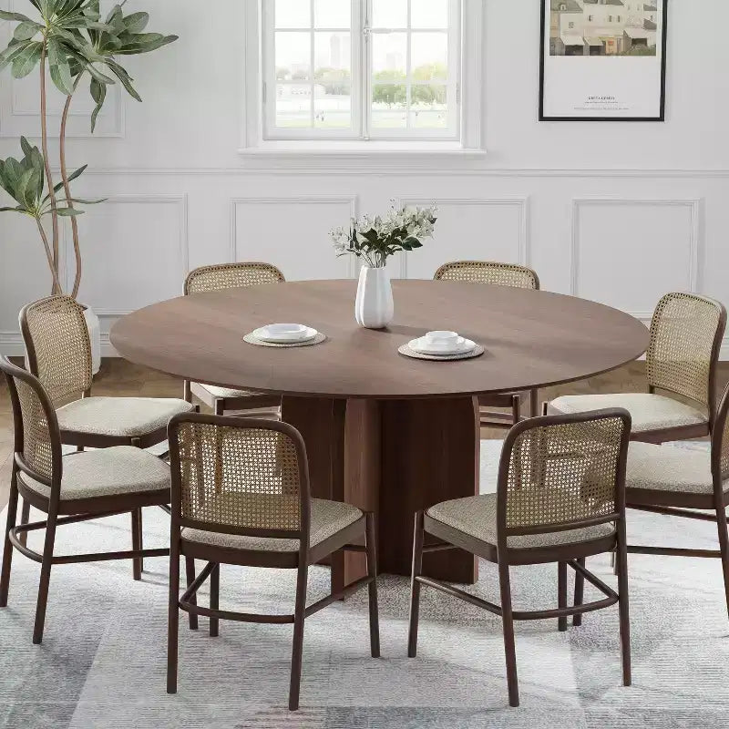 PexFix 59 x 59 Solid Wood Round Dining Table with Walnut Finish and Elegant Arched Legs for Modern Dining Rooms & Kitchens