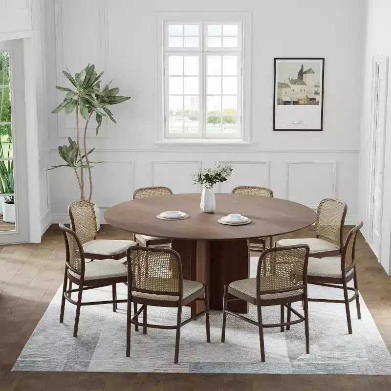 PexFix 59 x 59 Solid Wood Round Dining Table with Walnut Finish and Elegant Arched Legs for Modern Dining Rooms & Kitchens