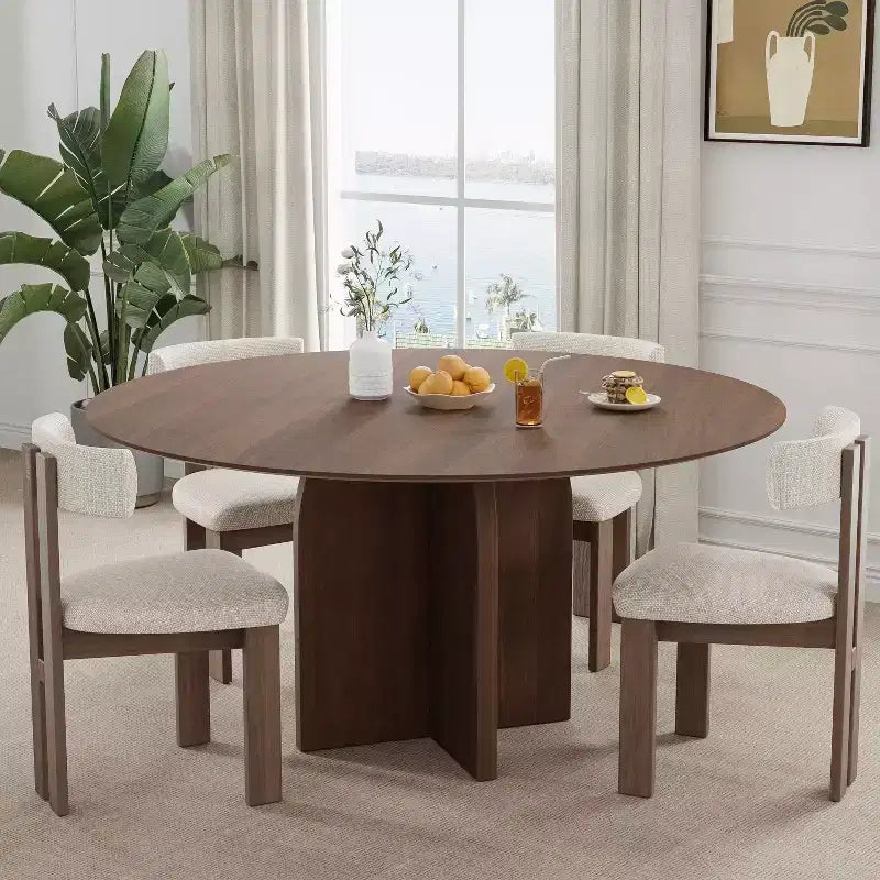PexFix 59 x 59 Solid Wood Round Dining Table with Walnut Finish and Elegant Arched Legs for Modern Dining Rooms & Kitchens