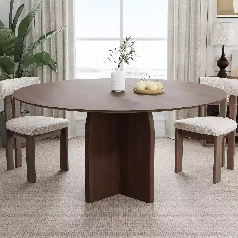 PexFix 59 x 59 Solid Wood Round Dining Table with Walnut Finish and Elegant Arched Legs for Modern Dining Rooms & Kitchens