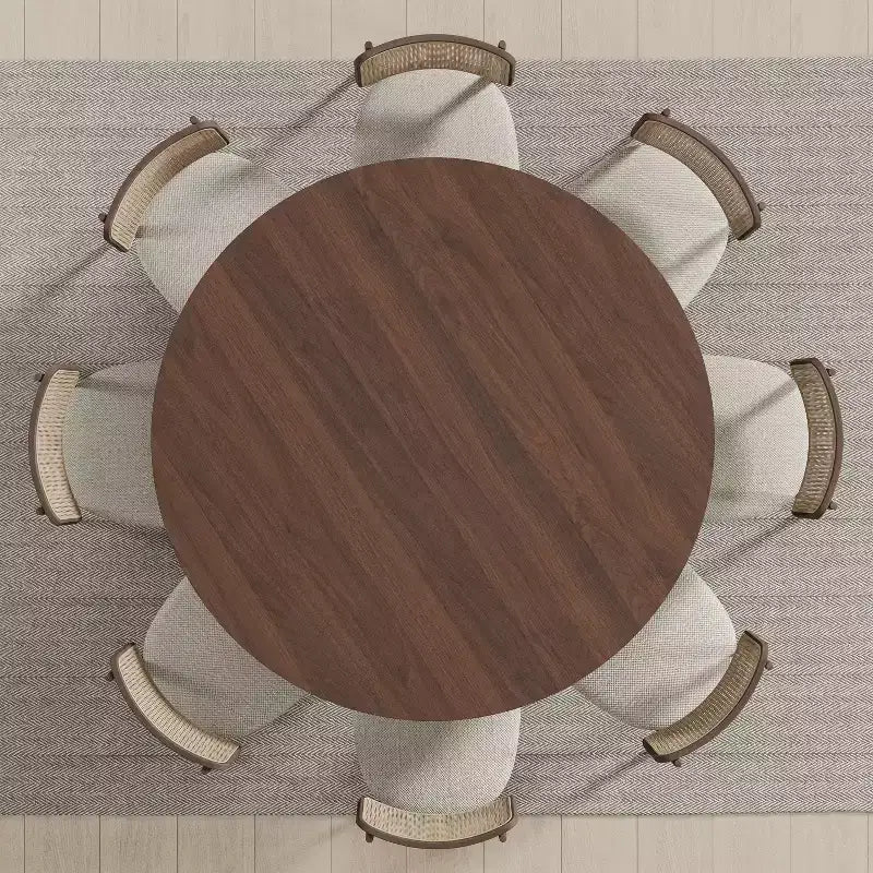 PexFix 59 x 59 Solid Wood Round Dining Table with Walnut Finish and Elegant Arched Legs for Modern Dining Rooms & Kitchens