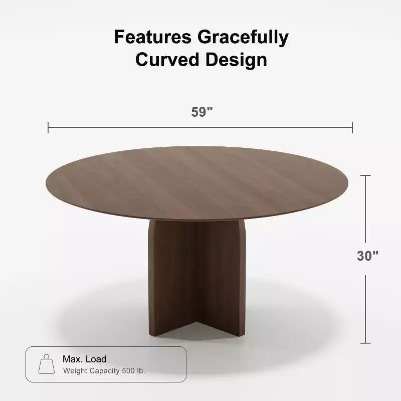 PexFix 59 x 59 Solid Wood Round Dining Table with Walnut Finish and Elegant Arched Legs for Modern Dining Rooms & Kitchens