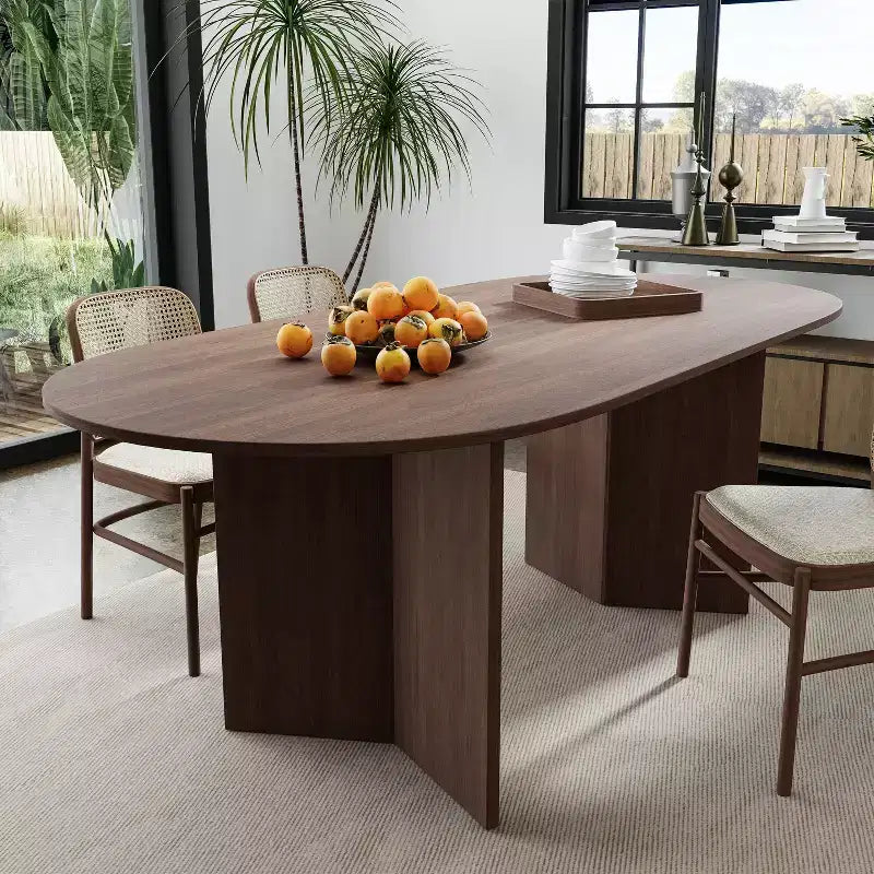 PexFix 67 x 33.5 Solid Wood Farmhouse Dining Table with V-Shaped Legs and Oval Wood Top for Modern Dining Rooms & Family Gatherings Walnut