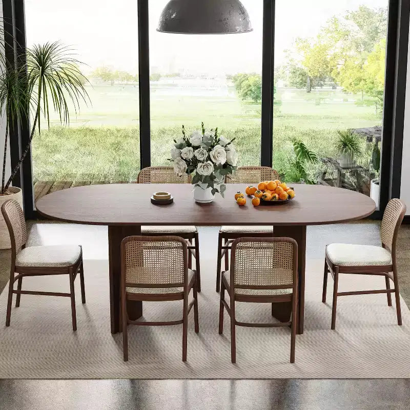 PexFix 67 x 33.5 Solid Wood Farmhouse Dining Table with V-Shaped Legs and Oval Wood Top for Modern Dining Rooms & Family Gatherings Walnut