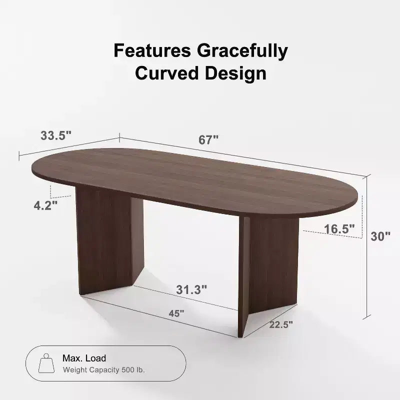 PexFix 67 x 33.5 Solid Wood Farmhouse Dining Table with V-Shaped Legs and Oval Wood Top for Modern Dining Rooms & Family Gatherings Walnut