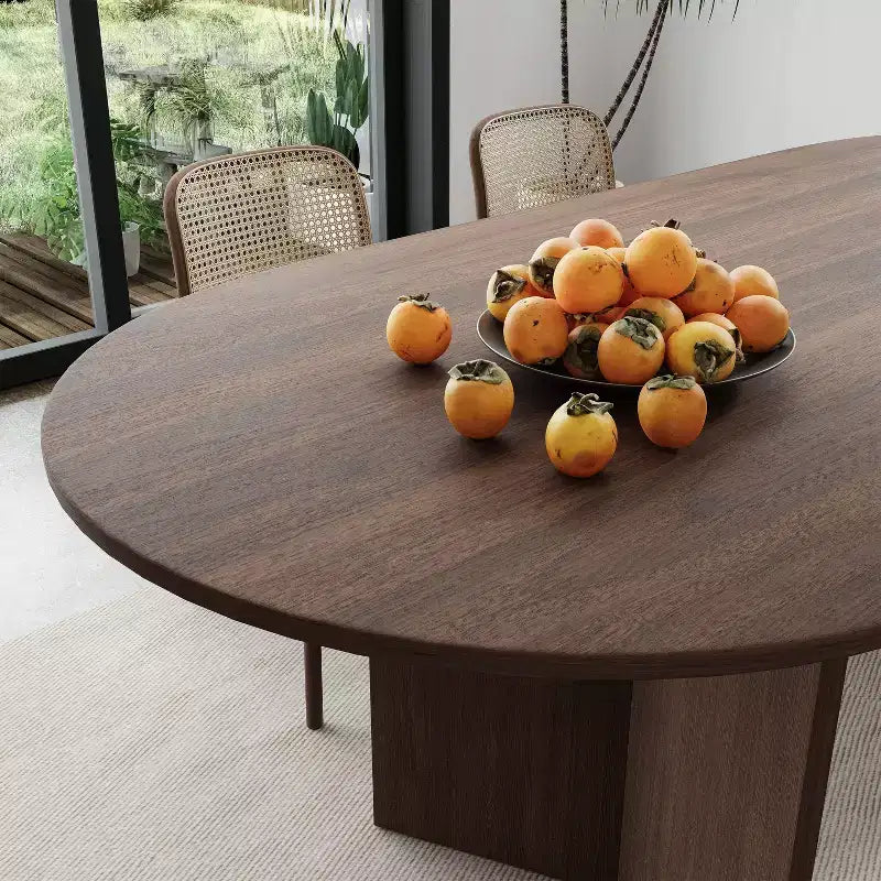 PexFix 67 x 33.5 Solid Wood Farmhouse Dining Table with V-Shaped Legs and Oval Wood Top for Modern Dining Rooms & Family Gatherings Walnut