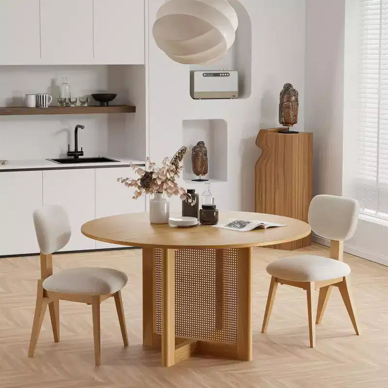 PexFix 52 x 52 Farmhouse Kitchen Dining Room Table Furniture Round Natural Kitchen Table with Rattan Woven Legs for Kitchen Bar Living Room