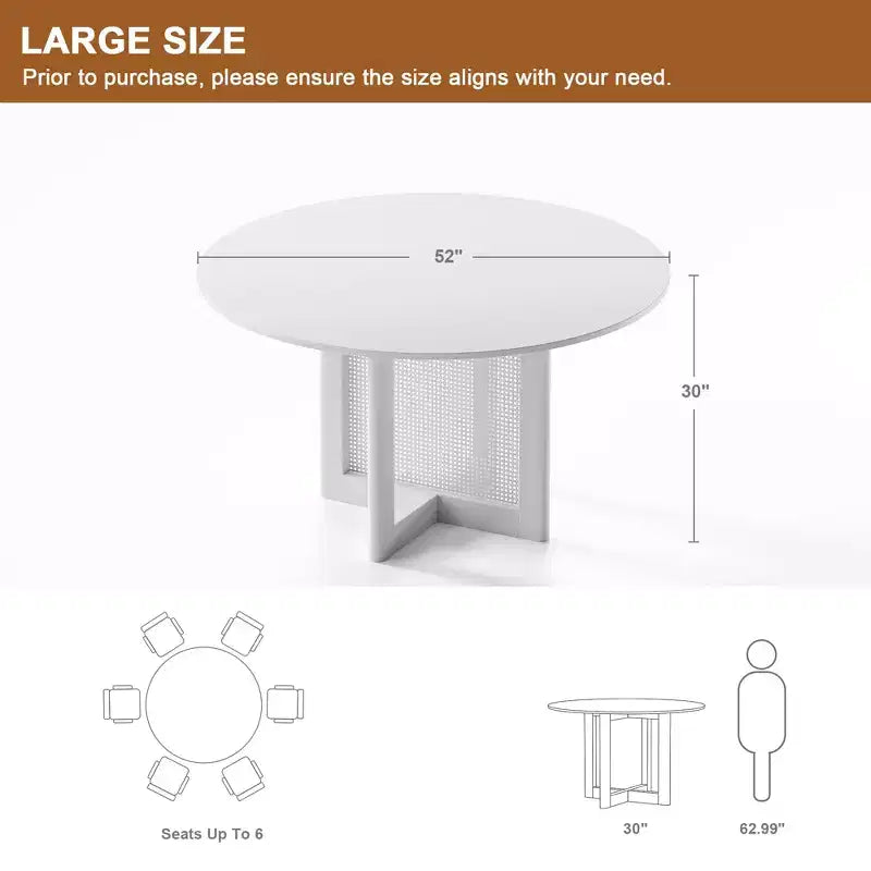 PexFix 52 x 52 Farmhouse Kitchen Dining Room Table Furniture Round Natural Kitchen Table with Rattan Woven Legs for Kitchen Bar Living Room
