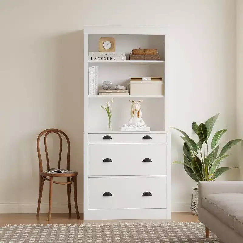 Acekool Modern Bookshelf with 3 Drawers and 3 Shelves, White Storage Cabinet, Wide Base, Anti-Tip Safety, for Living Room Bedroom Office