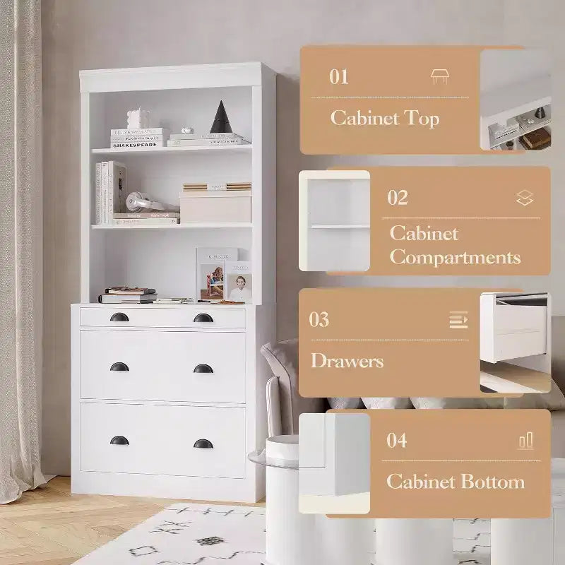 Acekool Modern Bookshelf with 3 Drawers and 3 Shelves, White Storage Cabinet, Wide Base, Anti-Tip Safety, for Living Room Bedroom Office