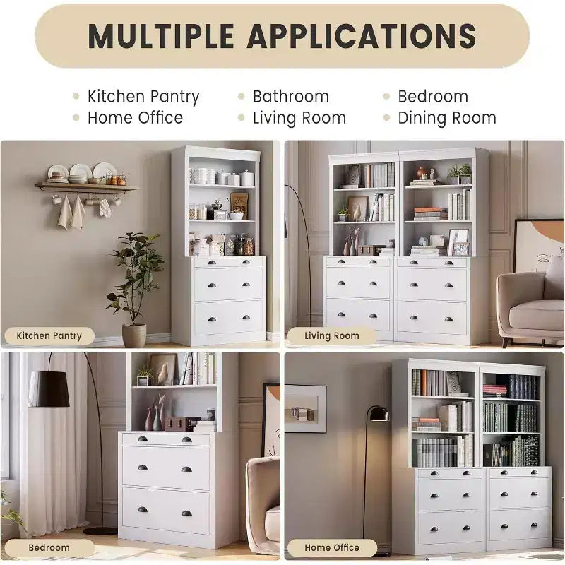 Acekool Modern Bookshelf with 3 Drawers and 3 Shelves, White Storage Cabinet, Wide Base, Anti-Tip Safety, for Living Room Bedroom Office