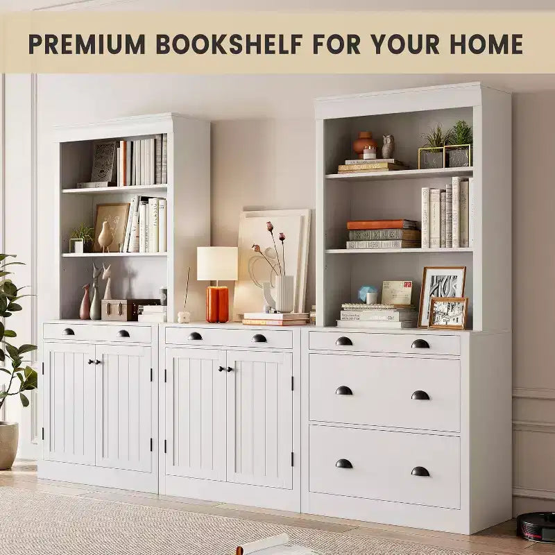 Acekool Modern Bookshelf with 3 Drawers and 3 Shelves, White Storage Cabinet, Wide Base, Anti-Tip Safety, for Living Room Bedroom Office