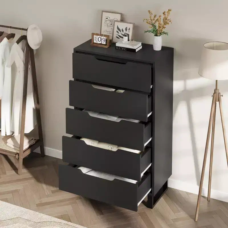 Acekool 5-Drawer Tall Dresser, 50 Vertical Wooden Chest with Detachable Legs and Spacious Storage for Bedroom, Living Room, Hallway, Entryway, Black