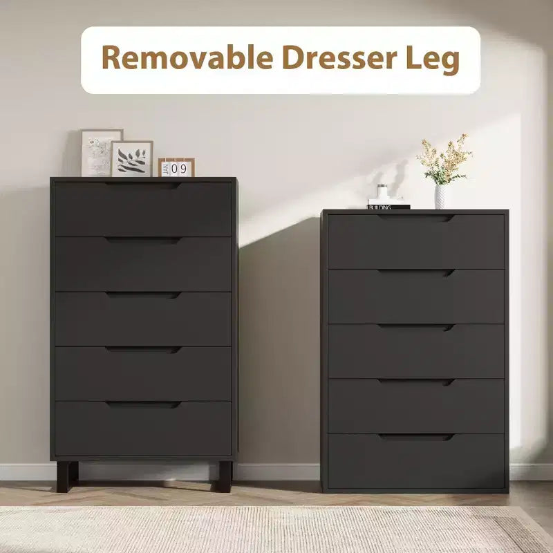 Acekool 5-Drawer Tall Dresser, 50 Vertical Wooden Chest with Detachable Legs and Spacious Storage for Bedroom, Living Room, Hallway, Entryway, Black