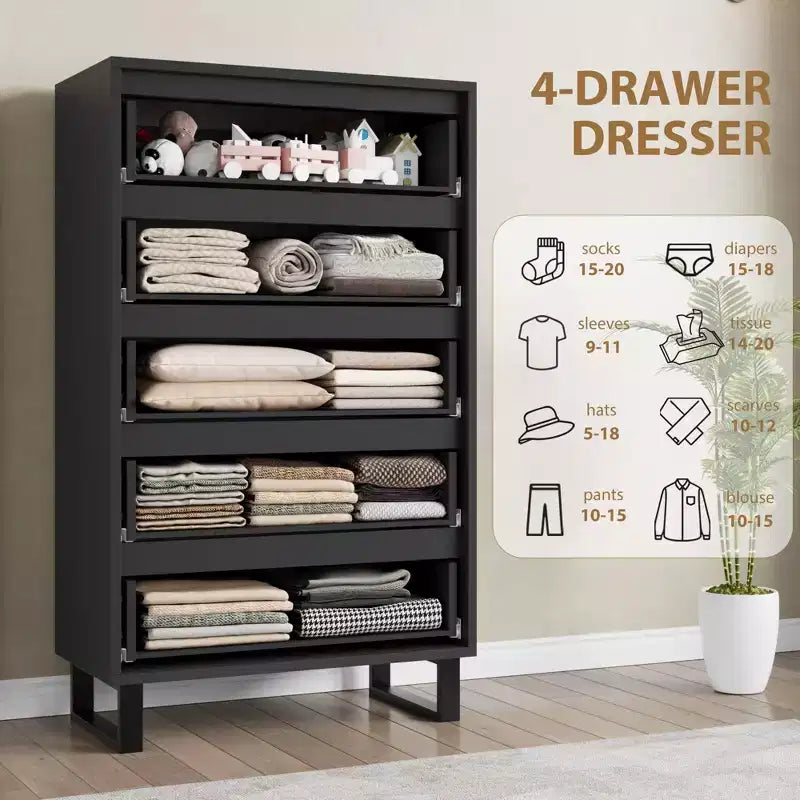 Acekool 5-Drawer Tall Dresser, 50 Vertical Wooden Chest with Detachable Legs and Spacious Storage for Bedroom, Living Room, Hallway, Entryway, Black