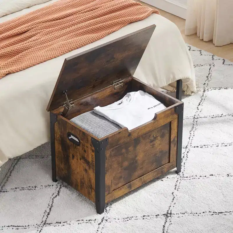 TROPOW Truhe Mit Deckel, Sitztruhe Holz, Sitzbank Mit Stauraum Mit Sicherheitsscharnieren, Metallrahmen, Schuhbank, Aufbewahrungs,Braun