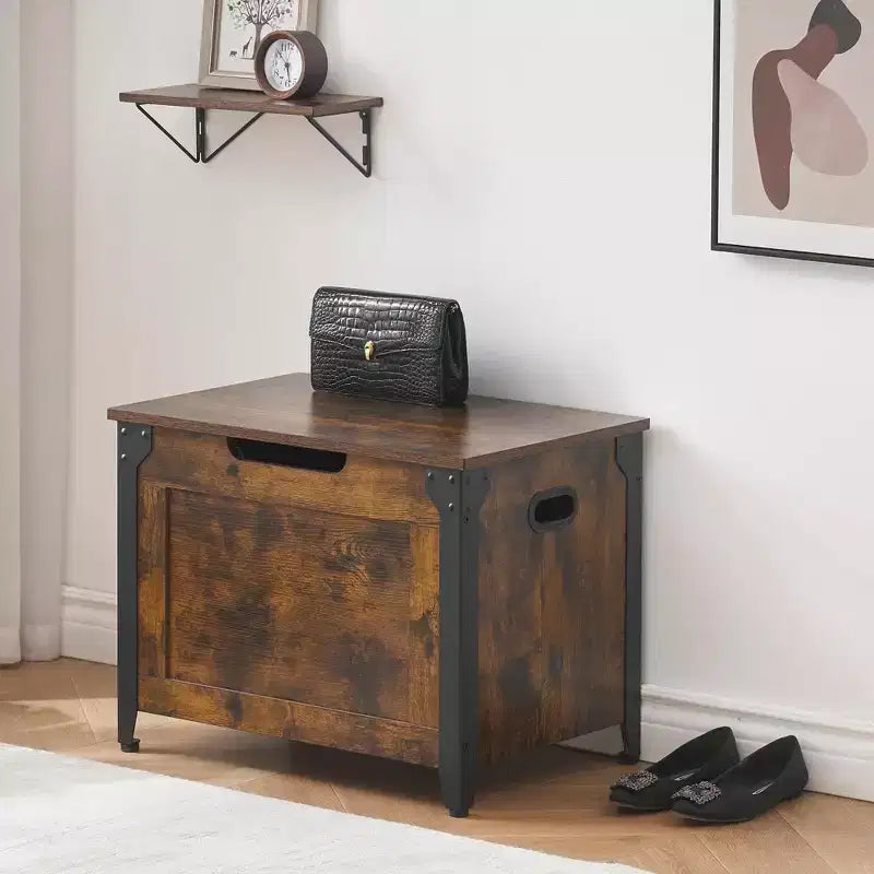 TROPOW Truhe Mit Deckel, Sitztruhe Holz, Sitzbank Mit Stauraum Mit Sicherheitsscharnieren, Metallrahmen, Schuhbank, Aufbewahrungs,Braun