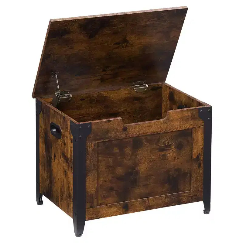 TROPOW Truhe Mit Deckel, Sitztruhe Holz, Sitzbank Mit Stauraum Mit Sicherheitsscharnieren, Metallrahmen, Schuhbank, Aufbewahrungs,Braun