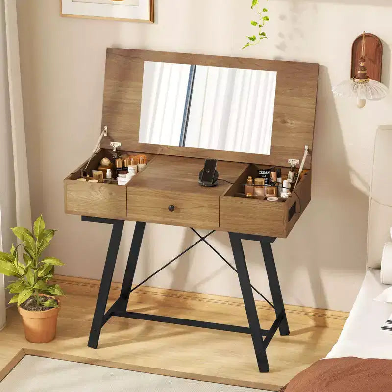 Costway Vanity Desk with Flip Top Mirror Makeup Dressing Table with Power Outlets Drawer