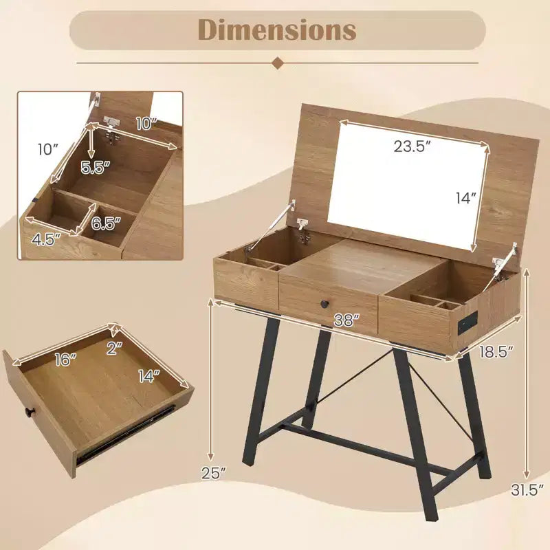 Costway Vanity Desk with Flip Top Mirror Makeup Dressing Table with Power Outlets Drawer